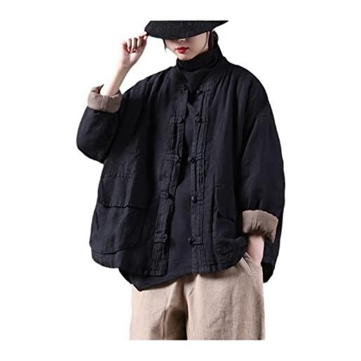 Ownwfeat autunno inverno oversize allentato imbottito cotone lino gilet giacca a manica lunga, nero , etichettalia unica