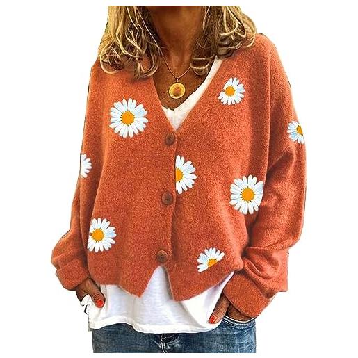 Greensen cardigan corto da donna, elegante motivo floreale, a maniche lunghe, a maglia grossa, con bottoni aperti, a maglia, colore: arancione. , xxl