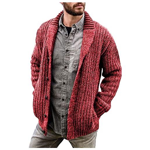 BIISDOST cardigan da uomo in pile a v, collo sciallato, da uomo, invernale, caldo, a maniche lunghe, in tinta unita, a maglia grossa, con bottoni e tasche, colore: rosso, xxl