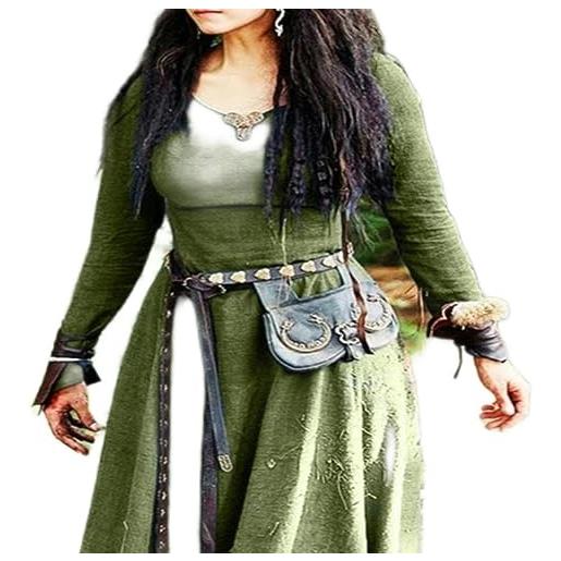 WEITING abito lungo a maniche lunghe abito da donna abito da elfo da favola vintage costume gotico vichingo celtico abito da ballo fantasy-verde-s