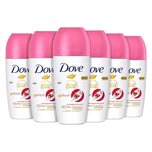 Dove, deodorante roll on advanced care melograno, deodorante antitraspirante, formula delicata con tripla azione idratante, protezione fino a 48 ore, deodorante uomo e donna, 6 pezzi da 50 ml