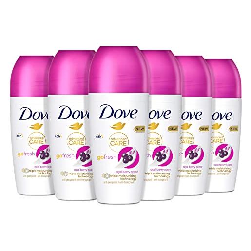 Dove, deodorante roll on advanced care açai, deodorante antitraspirante, formula delicata con tripla azione idratante, protezione fino a 48 ore, deodorante uomo e donna, 6 pezzi da 50 ml