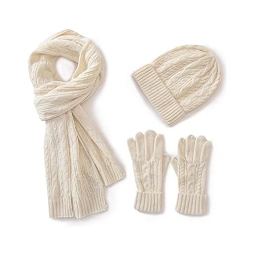 Villand 3 pezzi cappelli sciarpa con guanti touchscreen per uomini e donne, set unisex per il freddo con foderato in pile e borsa regalo (beige)