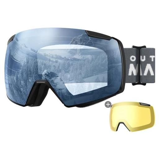 OutdoorMaster heron occhiali da sci con 2 lenti, senza montatura, lenti toriche hd intercambiabili magnetiche, occhiali da snowboard otg per uomini e donne, occhiali da neve con protezione uv al 100%