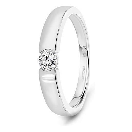 Miore anello donna solitario con diamante taglio brillante ct. 0.13 in oro bianco 14 kt 585, anello realizzato a mano da maestri orafi di valenza po