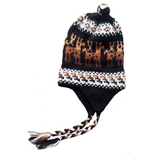 Alpacaandmore berretto unisex peruviano nero chullo lana di alpaca, motivo alpaca, nero, marrone, taglia unica
