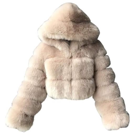 PengGengA cappotto di pelliccia sintetica da donna morbido cappotto di peluche con cappuccio cardigan in pelliccia sintetica giacca corta crop top manica lunga - beige, l