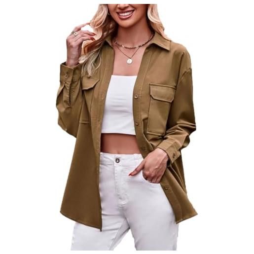 LIAOPUFUS camicia casual da donna camicia stile ol con scollo a v temperamentale elegante doppie tasche (xl, colore curry)
