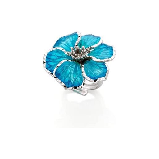 Artlinea, anello in argento 925, gioiello in argento rodiato a forma di fiore, smalto a cattedrale eseguito a mano, colore blu e azzurro, misura 17, made in italy