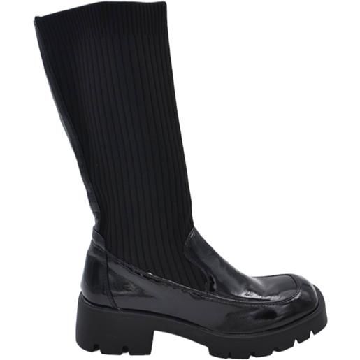 Malu Shoes stivali donna nero lucido basic punta quadrata con gomma e tacco 4cm altezza polpaccio tessuto elastico curvy