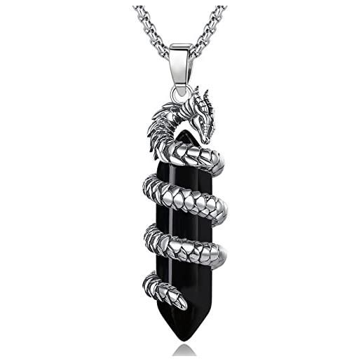 EUDORA Harmony Ball collana con ciondolo drago per donna uomo, prisma di ossidiana esagonale amuleto di energia regalo gioielli, 20+2
