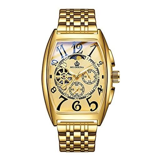 FORSINING orologi rettangolari da uomo di modo tourbillon orologio automatico in acciaio inossidabile orologio da polso meccanico casual impermeabile, oro, bracciale