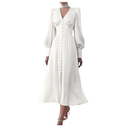 Generico vestito donna lungo scollo v spalline maniche sbuffo bottoncini casual bianco/taglia unica