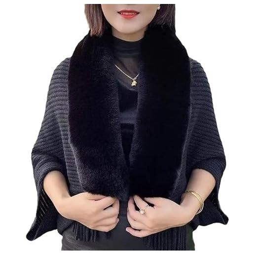 LUNCHS cappotto da donna con scialle allentato e spesso lavorato a maglia, mantella con frange lavorate a maglia, scialle con collo in pelliccia, scialli e scialli in pelliccia morbida (black)