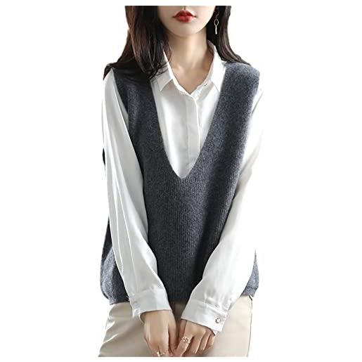 Kelsiop 100% lana merino maglia senza maniche maglione da donna scollo a v sciolto spesso caldo maglia 6 colori gilet top, grigio scuro, s