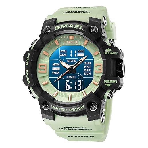 SMAEL orologi da uomo digital outdoor led cronometro militare multi-funzioni doppio display impermeabile orologi sportivi per uomo, verde chiaro
