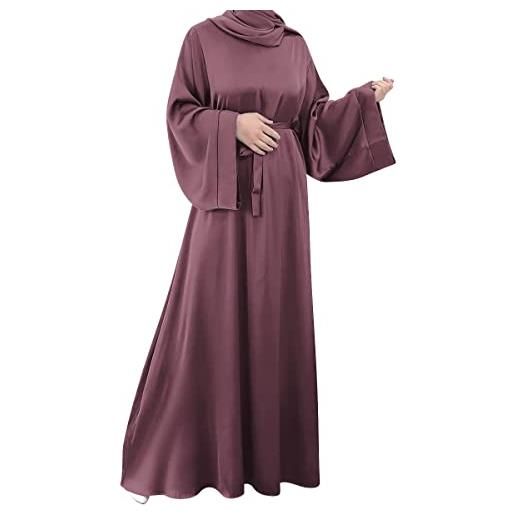 OBEEII abito da donna in raso solido con maniche vescovo, abito lungo mediorientale, vestito musulmano, nero02, s