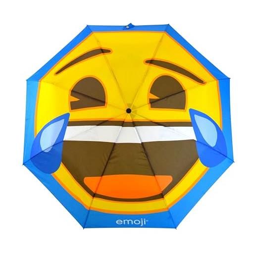 Emoji ombrello pieghevole compatto da adulto, unisex, con faccia che ride e ride, apertura e chiusura automatica, colore: blu