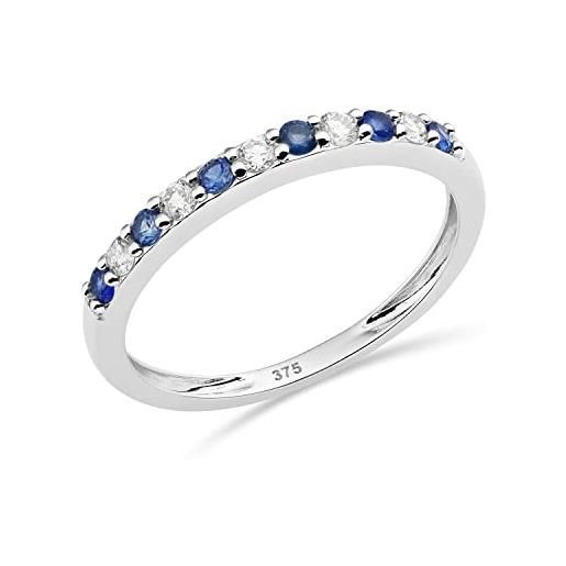 MIORE anello eternità con diamanti e zaffiri in oro bianco 9 carati 375 con 5 diamanti naturali 0,12 carati e 6 zaffiri blu naturali 0,18 carati, lunghezza 45 cm