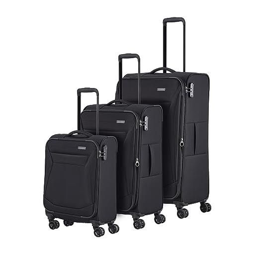 travelite set di valigie a 4 ruote a guscio morbido, misure l/m/s, serie chios set di trolley dal look intramontabile, bagaglio a mano conforme alle dimensioni del bagaglio d'imbarco iata, nero