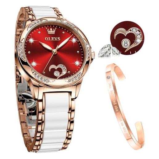 OLEVS oupinke orologi da donna a carica automatica orologi da donna in oro rosa con diamanti abiti di lusso bianchi orologi da polso da donna, 6631 rosso
