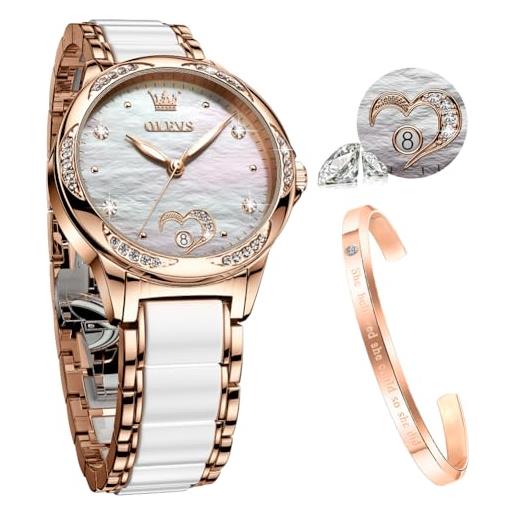 OLEVS orologi da donna a carica automatica orologi da donna in oro rosa con diamanti abiti di lusso bianchi orologi da polso da donna, 6631 bianco