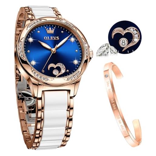 OLEVS orologi da donna a carica automatica orologi da donna in oro rosa con diamanti abiti di lusso bianchi orologi da polso da donna, 6631 blu