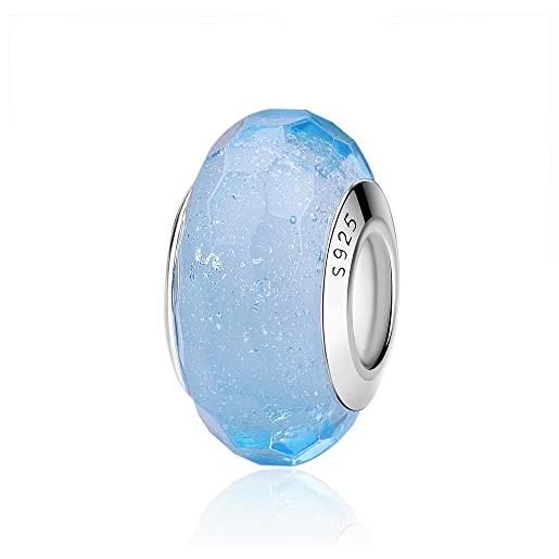 Nbsameng charm glitter in vetro di murano, taglio poligonale ciondolo per braccialetti e catenine per donna, ciondoli in argento 927% , blu ghiaccio