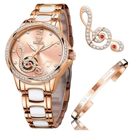 OLEVS oupinke orologi da donna a carica automatica orologi da donna in oro rosa con diamanti abiti di lusso bianchi orologi da polso da donna, 6656 rosa
