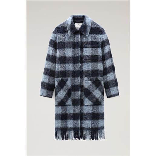 Woolrich donna giacca camicia lunga in lana spazzolata con frange blu taglia xxs