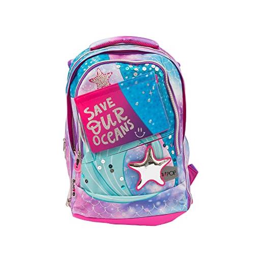 Go pop - zaino estensibile mermaid - con 3 grafiche frontali intercambiabili e pop-up, 3 scompartia, schienale e spallacci imbottiti, adatto alla scuola primaria, 31 l x43 h x17,5 p cm(+9)