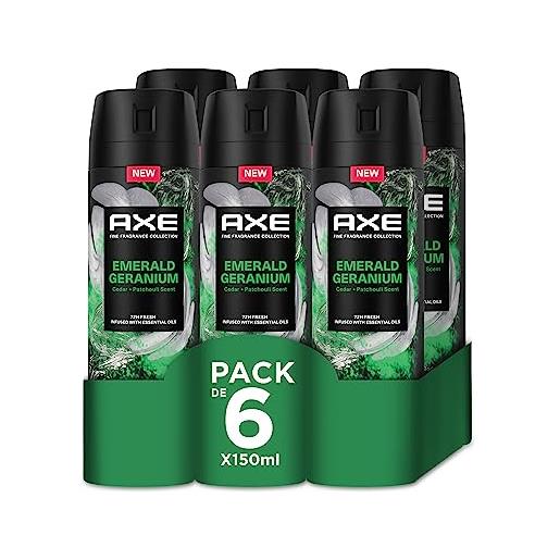 Axe confezione risparmio deodorante spray per uomo emerald geranium fragranza premium, 6 x 150 ml