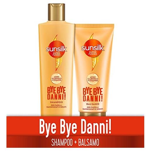 Sunsilk set Sunsilk shampoo 220ml e balsamo 180ml bye bye danni, per capelli danneggiati e spenti, formula super fusion con un mix di acido ialuronico e ceramide, ripara da 7 tipi di danni ai capelli