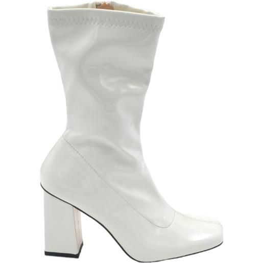 Malu Shoes tronchetti alti donna bianco lucido a punta quadrata tacco comodo doppio 6cm effetto calzino zip moda