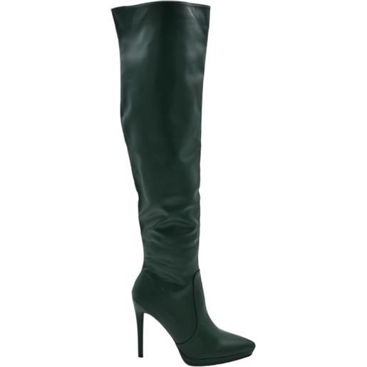 Malu Shoes stivali donna verde scuro sopra al ginocchio pelle a punta con plateau sottile tacco a spillo 12 cm aderente