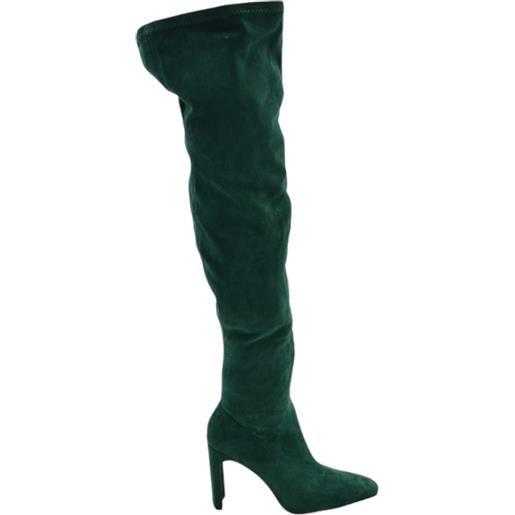 Malu Shoes stivale donna alto in camoscio verde sopra al ginocchio elastico effetto calzino zip aderente tacco largo punta quadrata