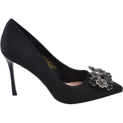 Malu Shoes decollete' donna a punta tessuto rasato nero tacco sottile 10 cm linea elegante con spilla gioiello floreale eventi