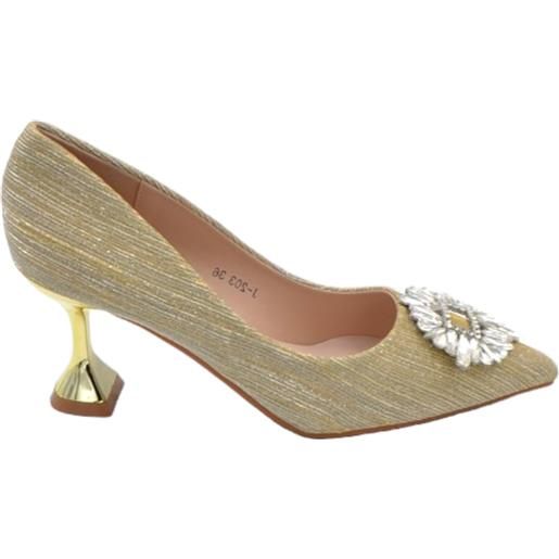 Malu Shoes decollete' donna a punta glitterato oro tacco martini 8 cm linea elegante con spilla gioiello comodo eventi