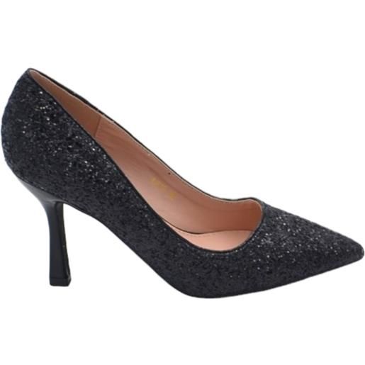 Malu Shoes decollete' donna a punta glitterato nero tacco martini 8 cm linea comoda elegante scarpe per cerimonie eventi