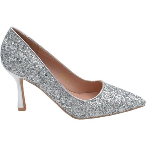 Malu Shoes decollete' donna a punta glitterato argento tacco martini 8 cm linea comoda elegante scarpe per cerimonie eventi