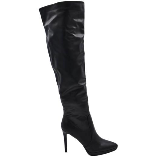 Malu Shoes stivali donna nero sopra al ginocchio pelle a punta con plateau sottile tacco a spillo 12 cm aderente
