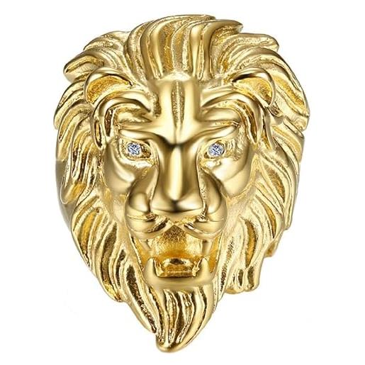 Bobijoo jewelry - anello testa di leone uomo occhi finti diamanti in acciaio inossidabile placcato oro, ottone