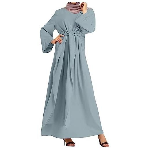 HERSIL abiti musulmani da donna vintage caftano fazzoletto pieghevole da donna tasche per l'autunno tunica abiti lunghi abiti girocollo islamico elegante arabia, blu, s