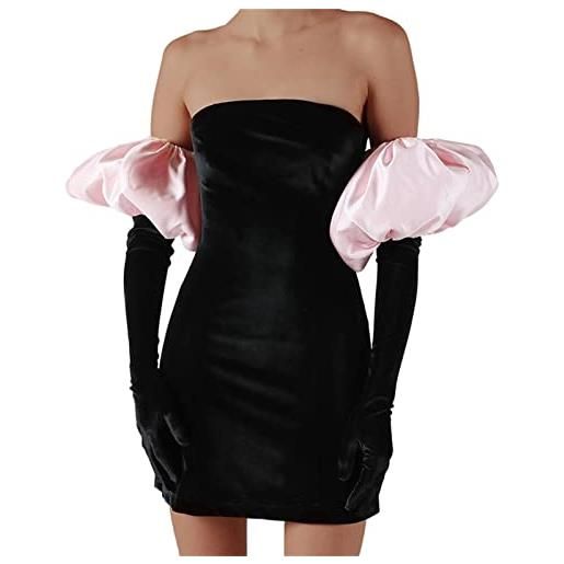Youque vestito aderente da donna in velluto con maniche a sbuffo sexy con spalle scoperte mini abiti con guanti da cocktail per feste, rosa e nero. , s