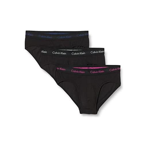 Calvin Klein hip brief 3pk 0000u2661g slip a vita bassa, nero (b-slv sprgs, pal pink, blue dpts lg), s (pacco da 3) uomo