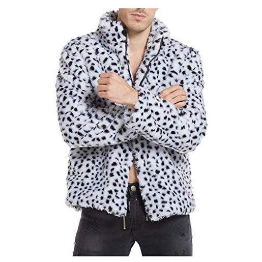 Take Idea cappotto invernale da uomo, motivo leopardato, in pelliccia sintetica, bianco, xl