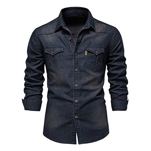 FAWHEWX camicie di jeans da uomo camicie cargo con risvolto elasticizzato in cotone camicie di jeans slim fit muscolari con bottoni camicie di jeans casual da uomo senza stiratura(un nero/xxxl)