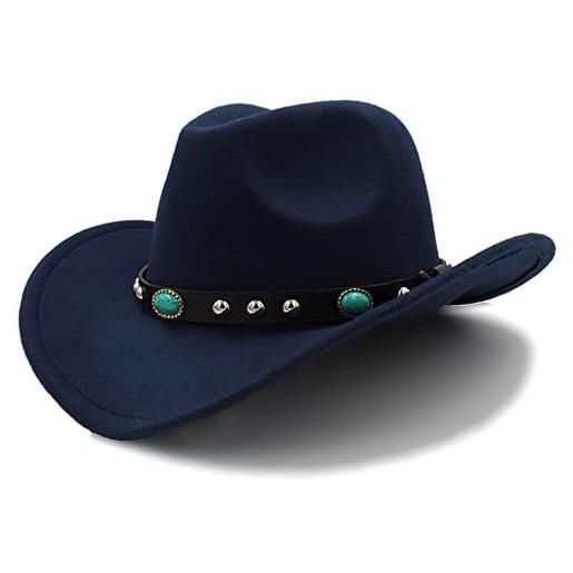 Aurorad cappello da cowgirl nero arrotolabile, cappello jazz con cintura nera con gemme blu per attività casual o campeggio, pesca, viaggi di caccia (colore: blu scuro, taglia: 56-58)