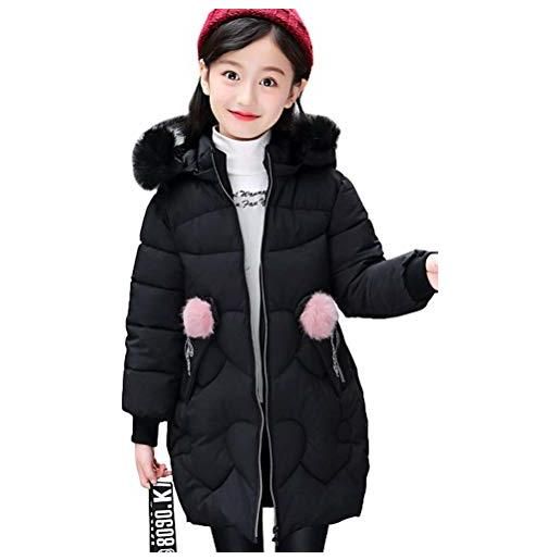 Nemopter - giacca invernale da ragazza, con cappuccio e cappuccio, a maniche lunghe, in finta pelliccia imbottita, 4-14 anni nero 160 cm(12-14 anni)