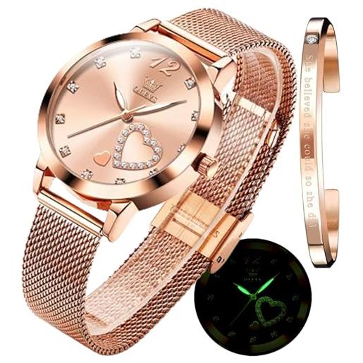 OLEVS donna orologio regali set con bracciale oro rosa per donna minimalista semplice slim sottile casual analog quartz orologi da polso impermeabile due tono